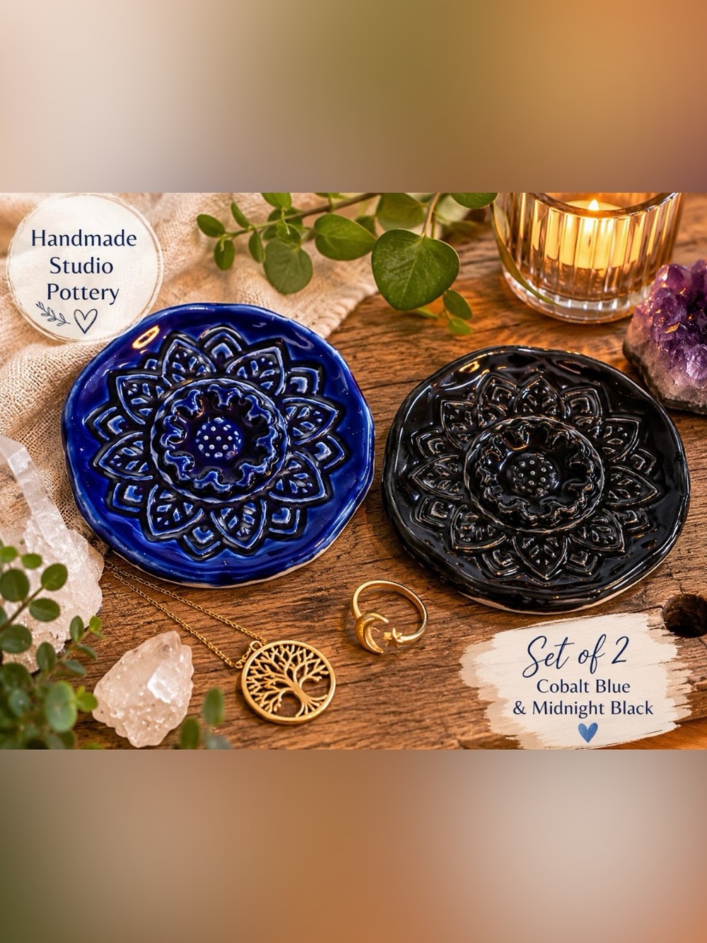 Handmade Mandala Pottery Trinket Dish Set of 2